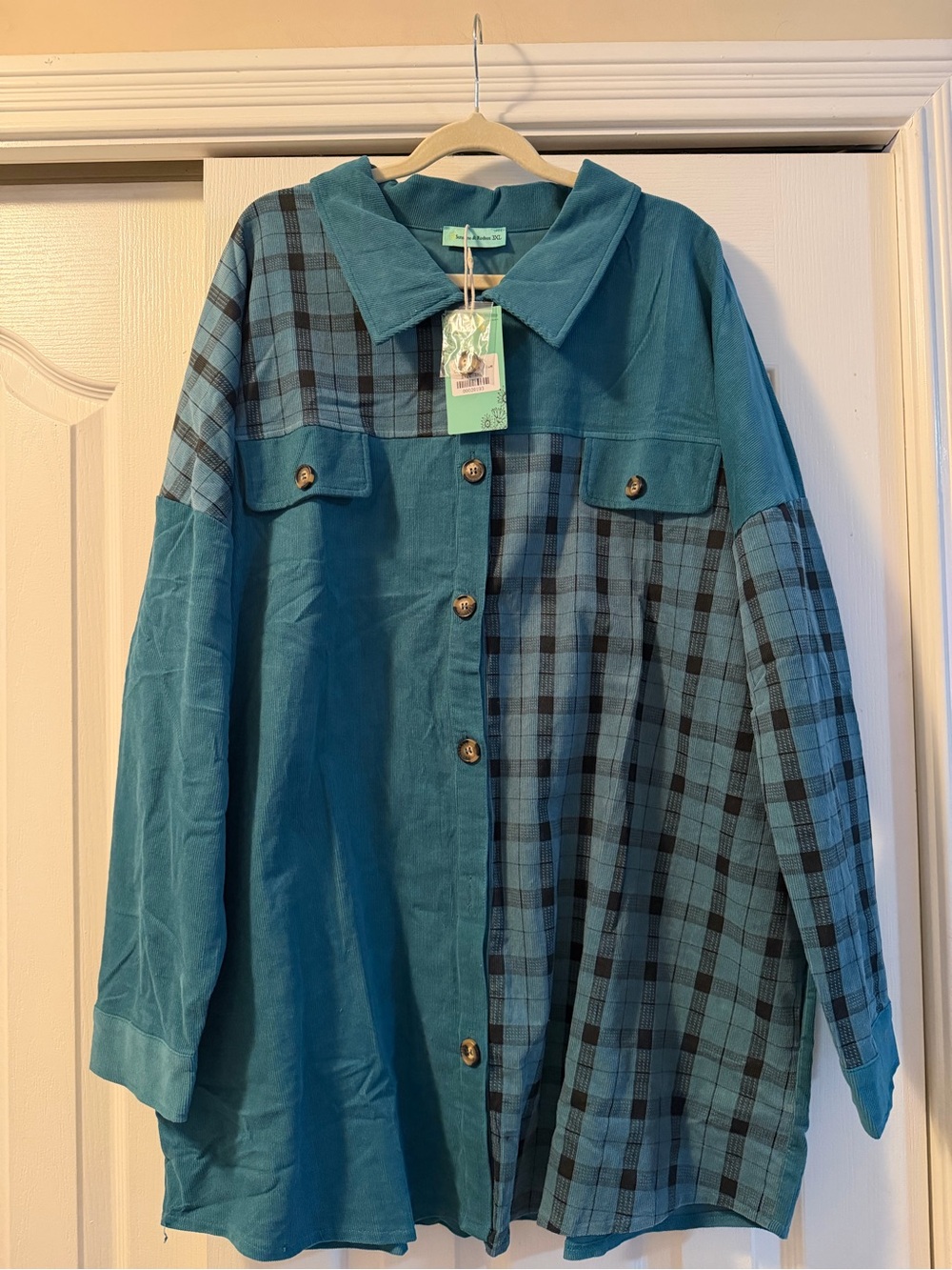Plus size Teal Plaid Mixed-Media Button-Front Jacket